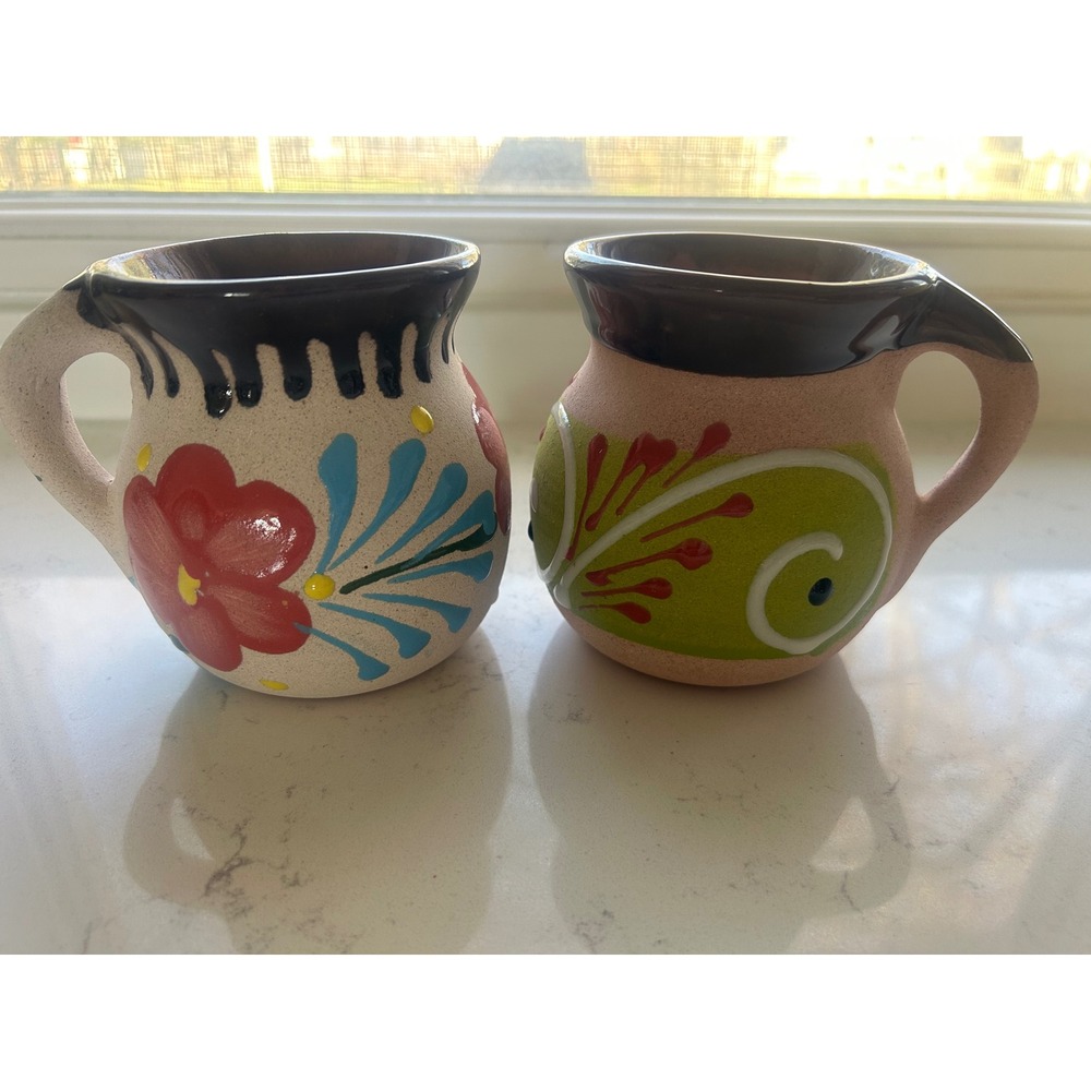 2 Mexican Cantarito‎ Mugs Hand Painted Terracotta Clay Jarritos Floral Swirl